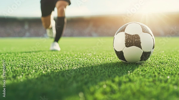 Fototapeta A soccer ball is on a green field with a player running towards it