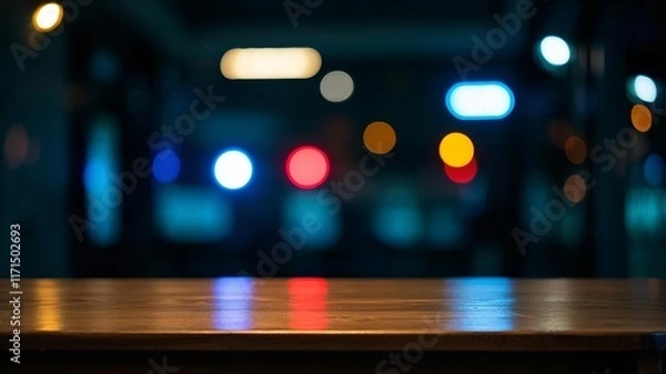 Obraz A close-up shot of a wooden table with a blurred bokeh background, featuring neon lights 