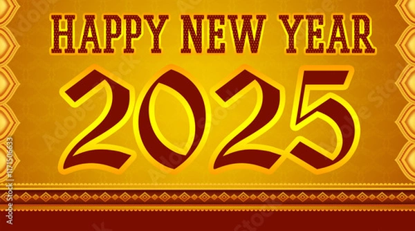 Fototapeta 2025 golden number with Happy New Year and Merry Christmas 2025. Greeting card. Vector realistic 3d
