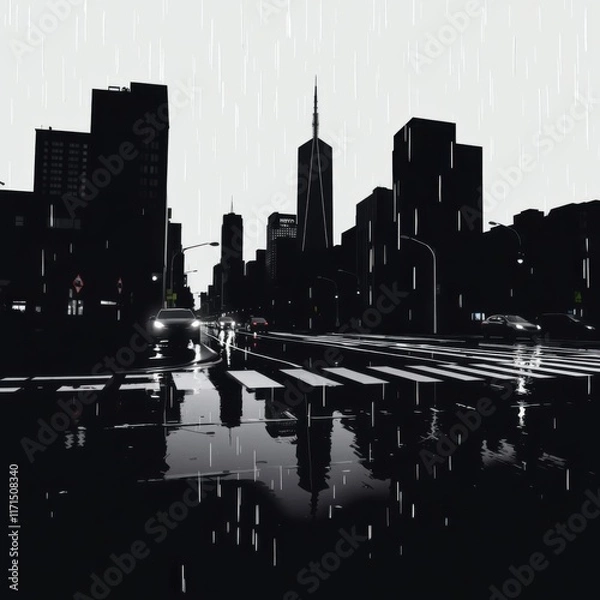 Fototapeta black and white cityscape, New York City skyline, reflections in water, silhouettes of skyscrapers, dramatic urban landscape, Freedom Tower, moody atmosphere, high contrast, architectural photography,