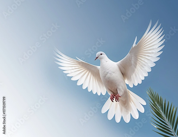 Fototapeta A white dove is a symbol of peace in the bright rays of the sun against a blue sky.