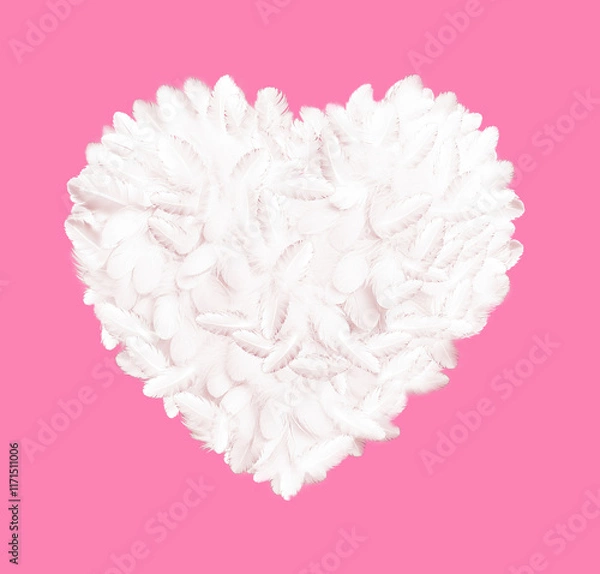 Fototapeta White feathers in the shape of a heart.