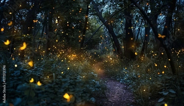 Fototapeta Enchanted forest path at night, illuminated by the soft glow of fireflies. A magical, mystical scene.