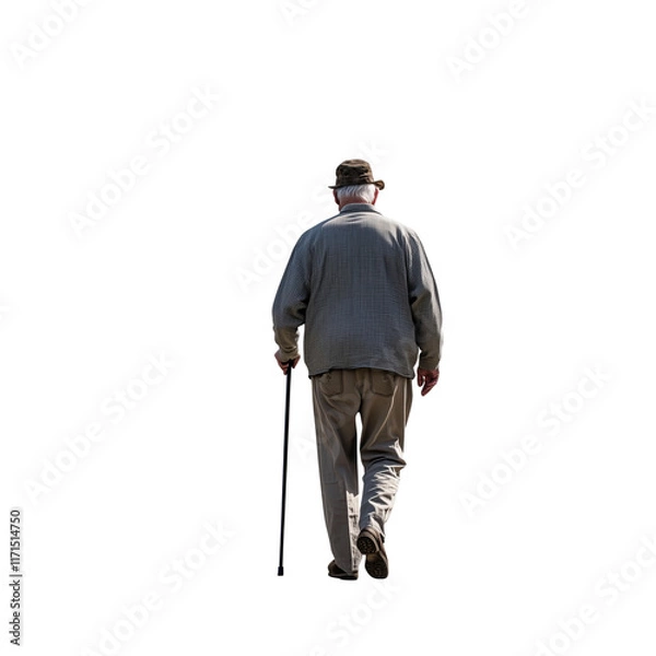 Fototapeta Rear View of Senior Man Walking with Cane Full Body Transparent Hand-Cut PNG for Mobility and Elderly Support






