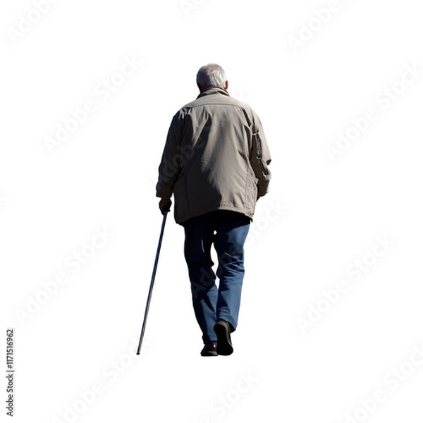 Fototapeta Rear View of Senior Man Walking with Cane Full Body Transparent Hand-Cut PNG for Mobility and Elderly Support






