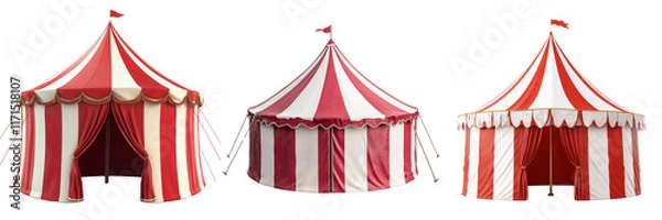 Fototapeta Set of A red and white circus tent with a striped roof on transparent png background