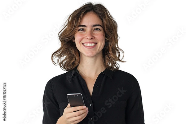 Fototapeta Headshot of a cheerful woman in a black shirt, holding a laptop with one hand and smiling naturally. White background, perfect for tech and lifestyle visuals.

