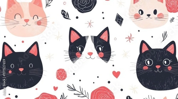 Fototapeta Hand Drawn Cats, Roses, and Diamonds: Vibrant and Playful Seamless Pattern in Vector Format for Creative Projects, Wallpapers, and Textiles
