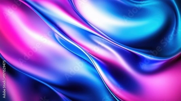 Fototapeta Abstract fluid waves, vibrant blue and pink gradients, smooth curves, glossy reflective surface, dynamic flow, ethereal lighting, futuristic design, digital art, high contrast, 3D render, ultra high d