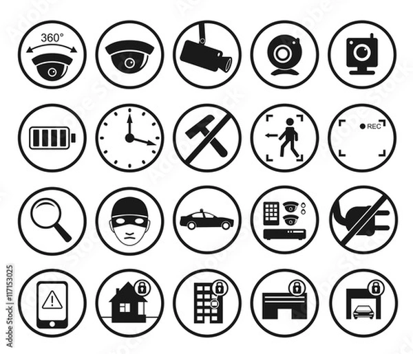 Obraz Vector set of video surveillance and security systems icons. Illustration of black and white protection pictograms.