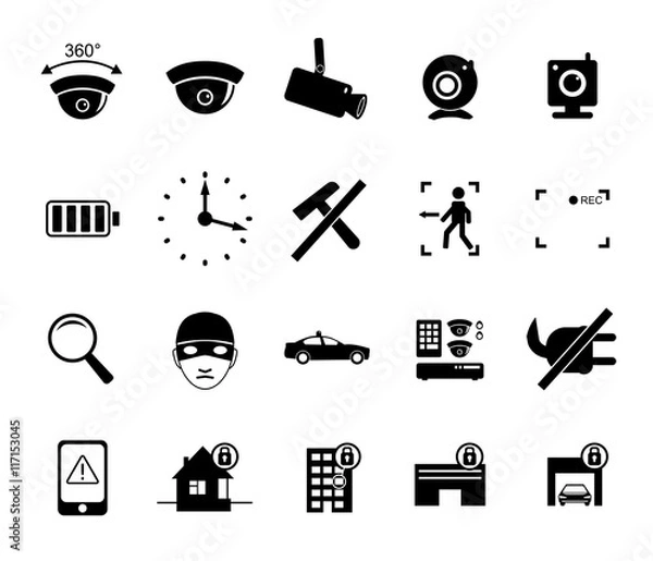 Obraz Vector set of video surveillance and security systems icons. Illustration of black and white protection pictograms.