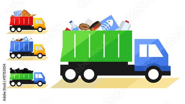 Obraz Vector illustration of Garbage Truck. Isolated lorry with various kinds of trash on white background.