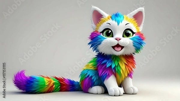 Fototapeta Adorable rainbow kitten, 3D render, fluffy tail, vibrant colors, playful, cheerful, happy expression, cartoon style, digital art.