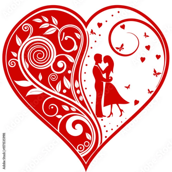 Fototapeta Valentine's Day in the shape of a heart, on one half there are patterns, on the second the guy and the girl are hugging