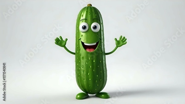 Fototapeta Cheerful cartoon cucumber character waving, 3D render, isolated on white background. Perfect for children's books, healthy eating campaigns, or fun food-related projects.