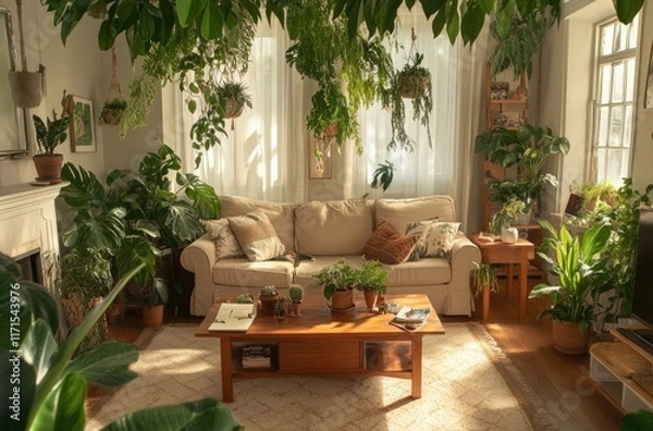 Fototapeta A cozy living room with lush green plants and a beige sofa, creating an inviting atmosphere for relaxation and home decor.