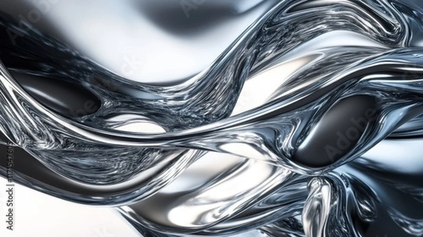 Fototapeta Liquid metal, flowing chrome, abstract waves, reflective surface, smooth curves, silver and blue tones, dynamic swirls, futuristic texture, glossy finish, metallic sheen, fluid motion, high contrast, 