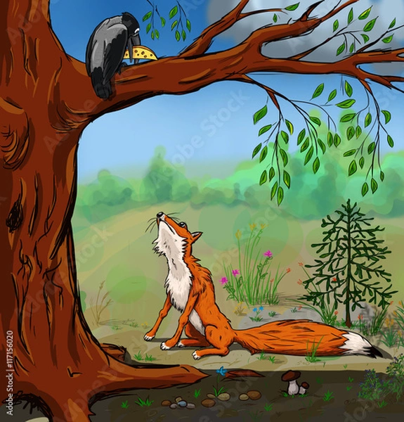 Obraz Illustration of crow with the cheese and the fox. Cartoon from russian fairytale