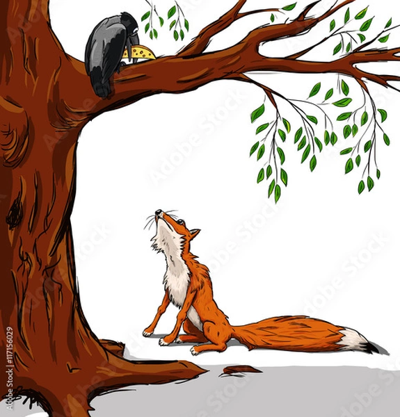 Obraz Illustration of crow with the cheese and the fox. Cartoon from a fable on white background