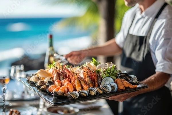 Fototapeta Seafood platter at oceanfront eatery