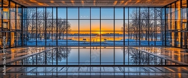 Fototapeta Stunning sunset view through large windows reflecting in indoor pool.