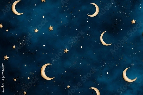 Fototapeta A celestial pattern featuring moons and stars on a dark background.