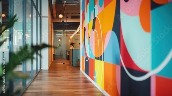 Obraz Modern office hallway with vibrant abstract wall art.