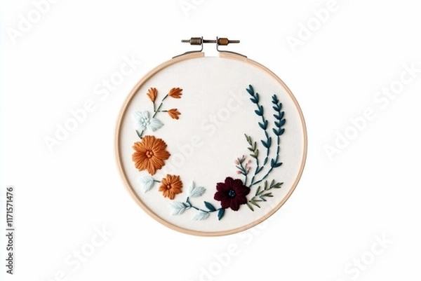 Fototapeta A circular embroidery hoop featuring floral designs on fabric.