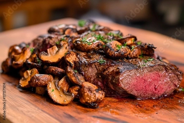 Fototapeta Succulent steak served with sautéed mushrooms on a rustic wooden board in a cozy kitchen setting