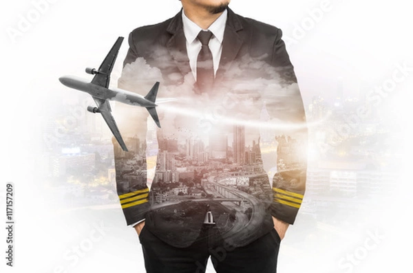 Obraz Double exposure pilot wearing suit
