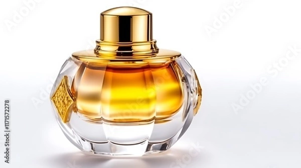 Obraz Isolated elegant glass perfume bottle with golden cap isolated on solid white background.