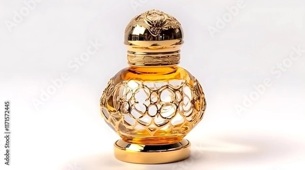 Obraz Isolated elegant glass perfume bottle with golden cap isolated on solid white background.