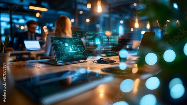 Obraz Colleagues engage in discussions while high-tech screens illuminate their workspaces