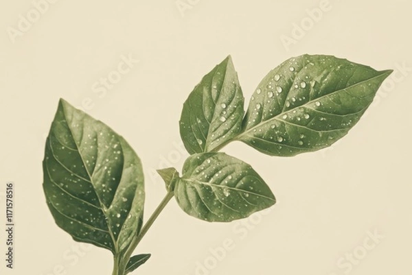 Fototapeta Fresh green leaves with dew drops in soft light