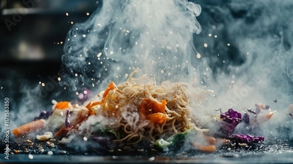 Fototapeta A vibrant image of street-style yakisoba being stir-fried on a hot griddle, with steam rising and colorful vegetables like carrots and cabbage mixed into the noodles.