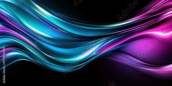 Fototapeta Abstract waves, vibrant colors, neon glow, fluid motion, digital art, smooth curves, electric blue, vivid purple, dynamic composition, futuristic design, glossy texture, energy flow, luminous effect, 