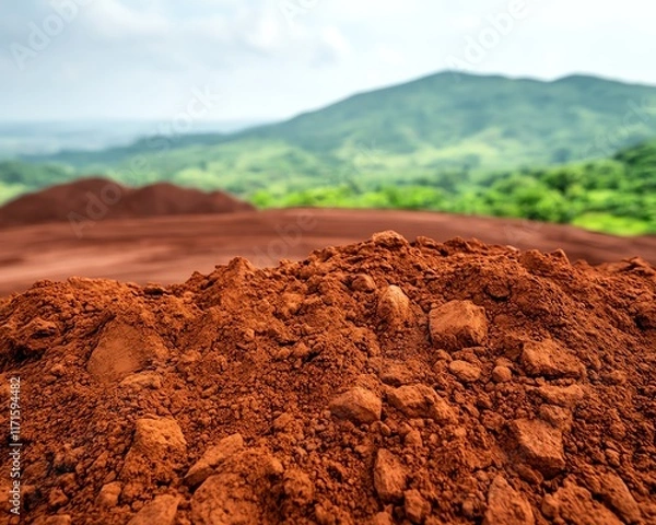 Obraz Red soil pile, mountain background