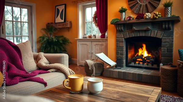 Fototapeta A cozy living room in electric vivid colors