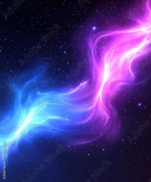 Fototapeta cosmic aurora, flowing energy waves, vibrant colors, starry night sky, blue and pink gradients, glowing ethereal light, galactic swirl, celestial phenomenon, space background, magical atmosphere, drea