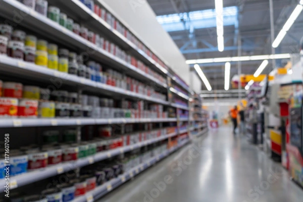 Obraz Blurred defocused image of long shelves filled with colorful paint cans in a construction supermarket