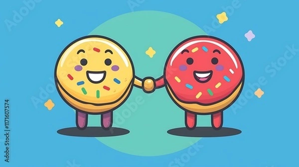 Fototapeta Adorable donut characters holding hands with rainbow sprinkles and pastel colors in the background