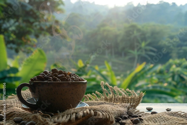 Fototapeta Freshly Brewed Espresso in a Coffee Cup with Creamy Swirl, Surrounded by Roasted Coffee Beans for a Rich Coffee Experience