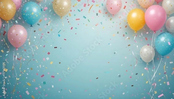 Fototapeta Joyous Birthday Backdrop with Dancing Confetti and Balloons