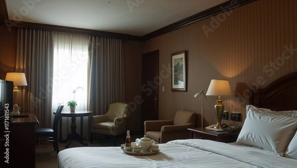 Obraz Cozy hotel room featuring a comfortable bed, modern decor, and a warm ambiance for relaxation and rest