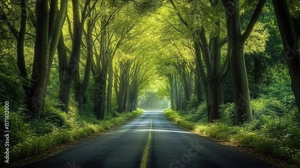 Fototapeta A long road winds through the forest, with trees lining both sides