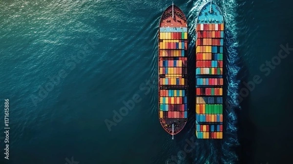 Fototapeta An aerial view of two cargo ships filled with colorful containers sailing side by side in the ocean, symbolizing global trade and connectivity.