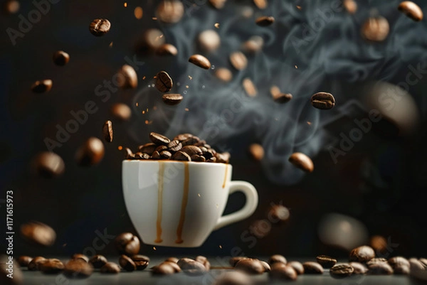 Fototapeta Freshly Brewed Espresso in a Coffee Cup with Creamy Swirl, Surrounded by Roasted Coffee Beans for a Rich Coffee Experience