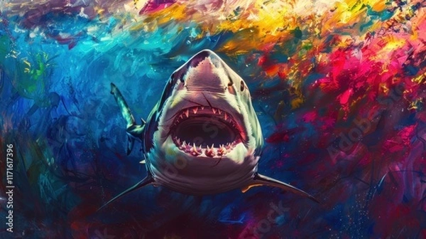 Fototapeta Shark, front view, open mouth, vibrant colors