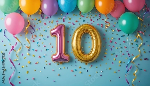 Fototapeta Festive 10th Birthday Extravaganza with Balloons and Ribbons