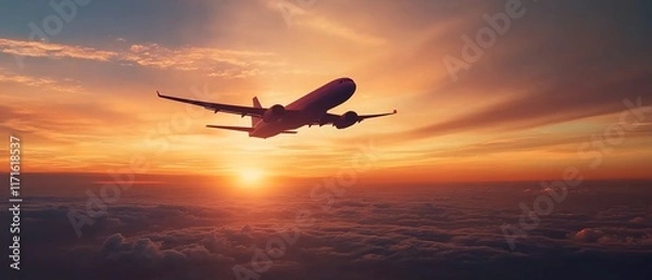 Fototapeta A plane flying in the sky at sunset, symbolizing travel and adventure